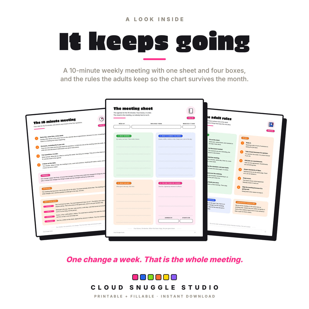 Inside pages: the 10-minute family meeting, the meeting sheet, and the adult rules.
