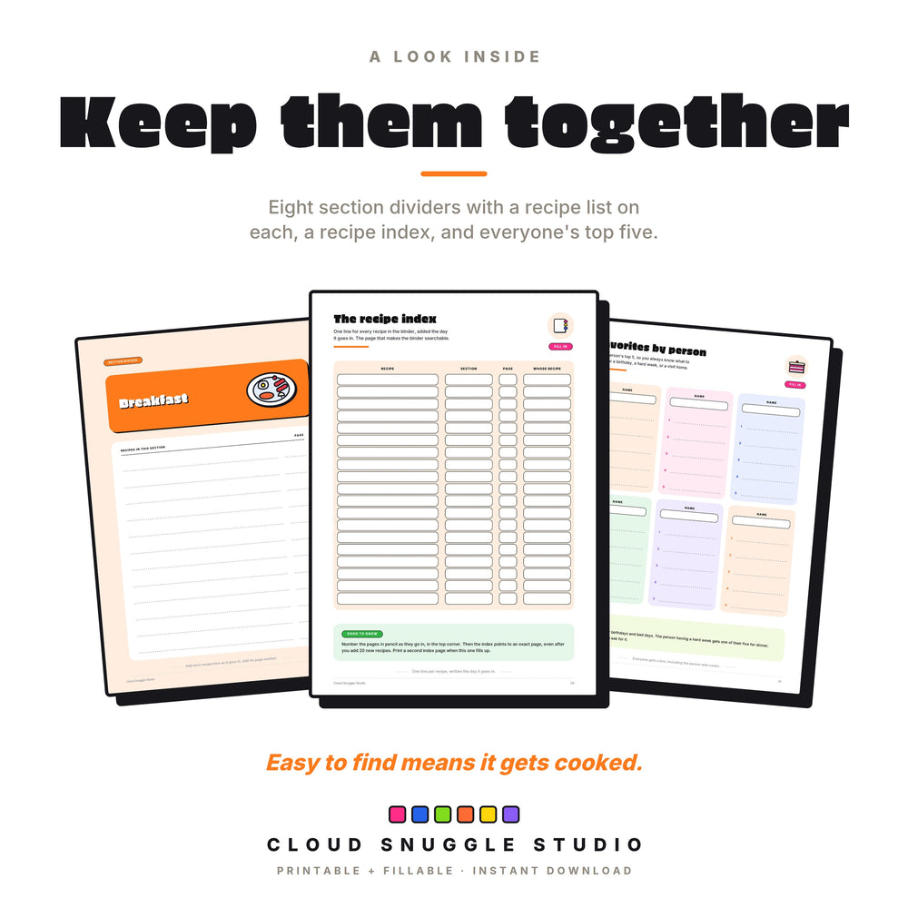 Real pages: a breakfast section divider with its recipe list, the recipe index, and favorites by person.