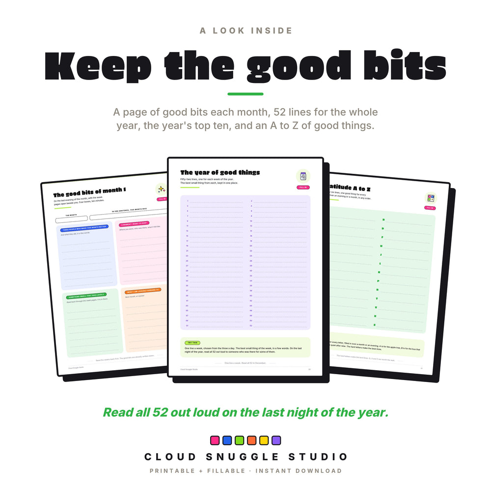Real pages: the good bits of month 1, the year of good things in 52 lines, and gratitude A to Z.
