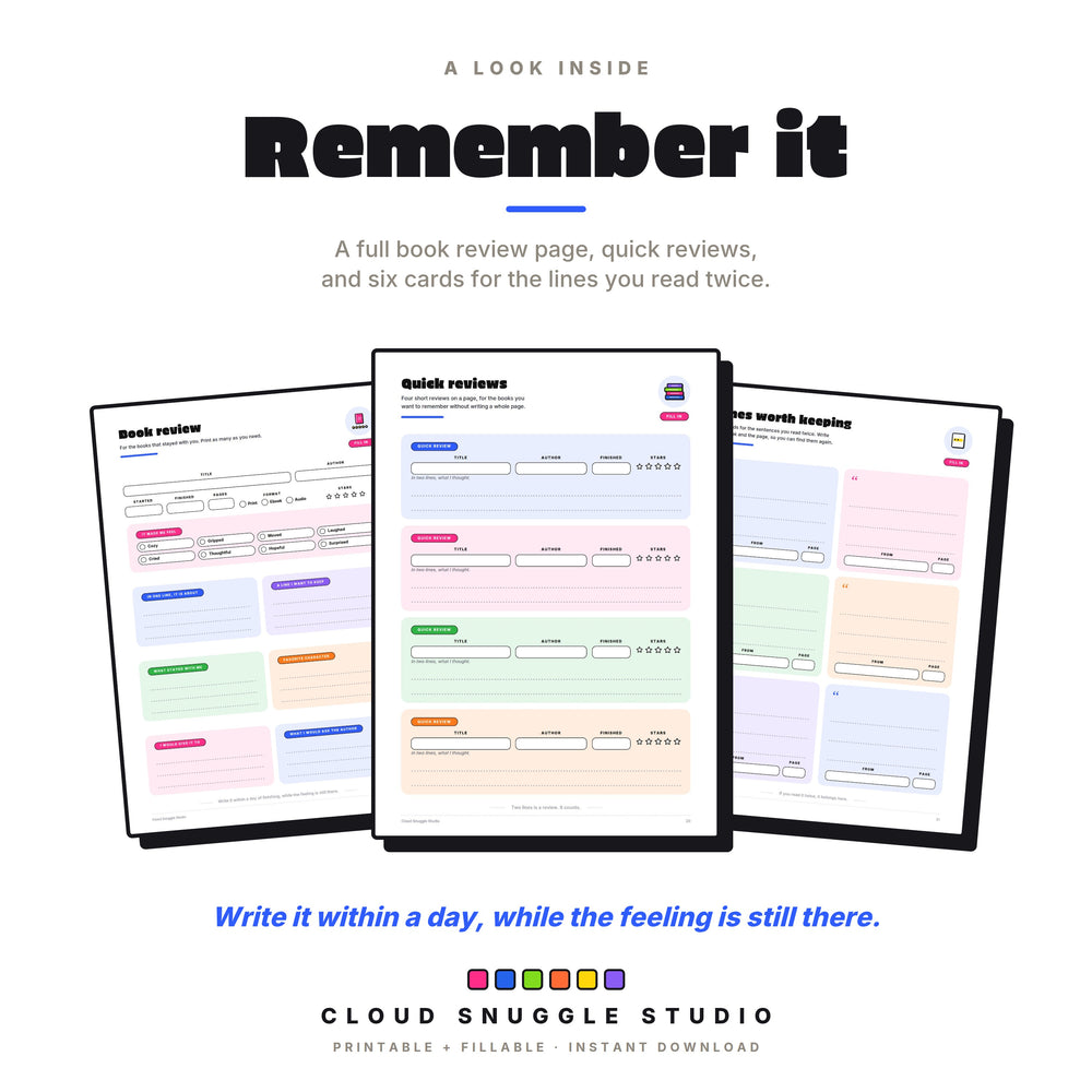 Real pages: a full book review page, quick reviews, and lines worth keeping for favorite quotes.