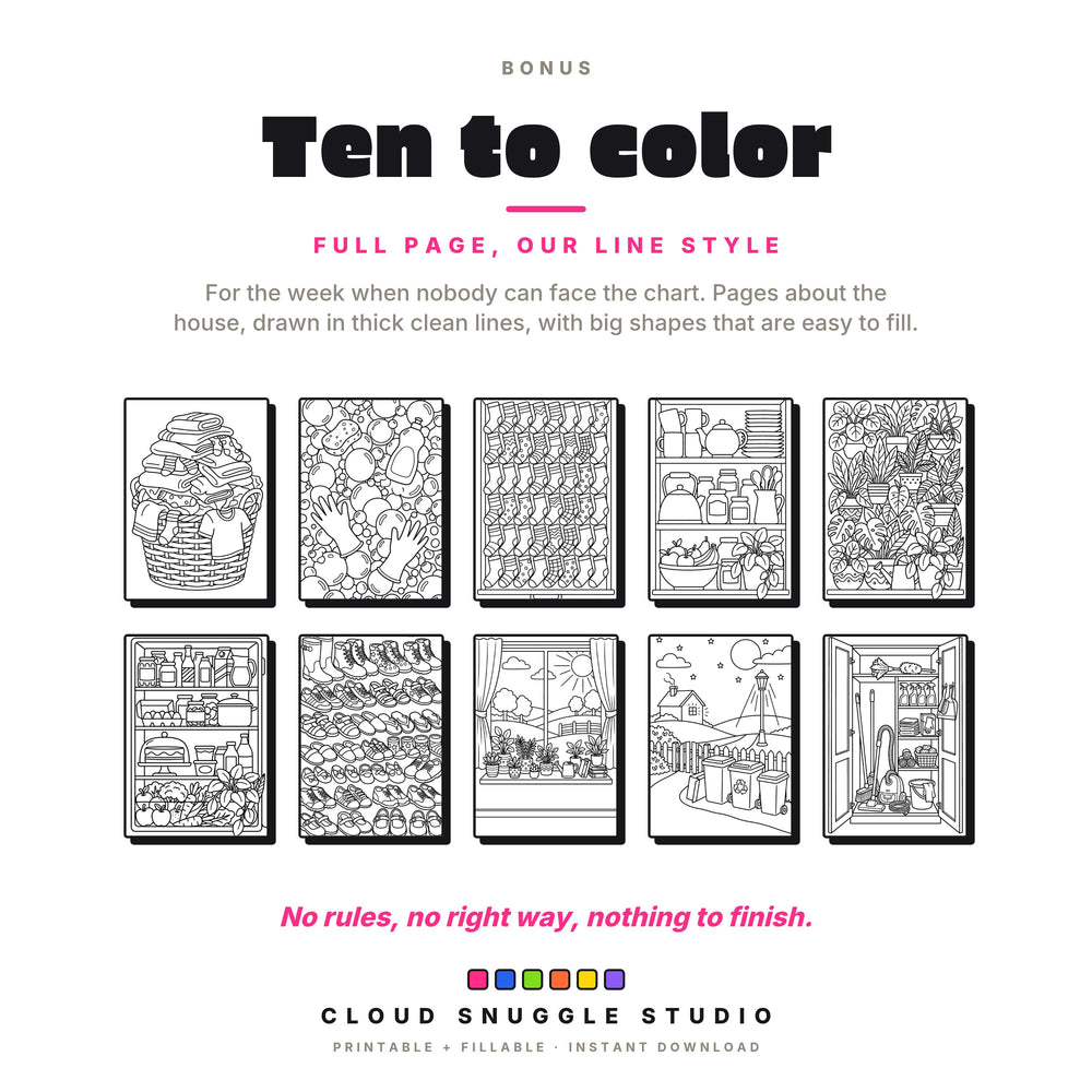 Ten bonus coloring pages in thick clean line art about the house, included with the family chore chart.