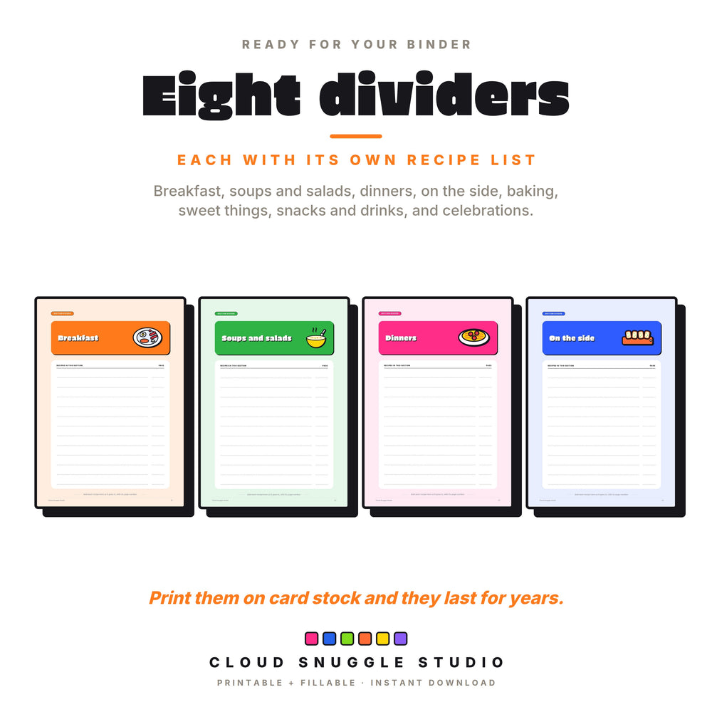 Eight section dividers for the recipe binder: breakfast, soups and salads, dinners and on the side, in bright colors.