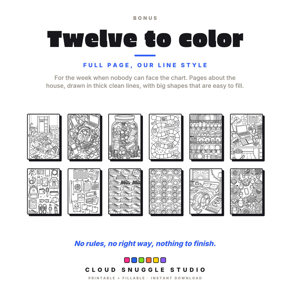 Twelve bonus coloring pages in thick clean line art about the house, included with the teen chore chart.