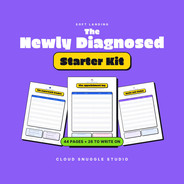 The Newly Diagnosed Starter Kit, a newly diagnosed starter kit printable for parents from Cloud Snuggle Studio. 44 pages, 26 of them to write on. Printable and fillable PDF, A4 and US Letter, color and ink friendly. Instant digital download.