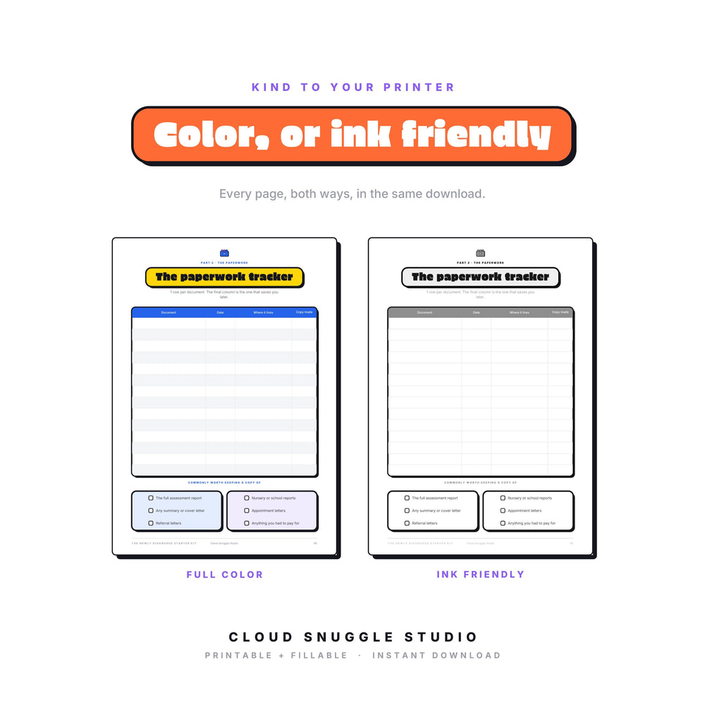 One page of The Newly Diagnosed Starter Kit shown twice, in full color and in ink friendly gray. Every page of this newly diagnosed starter kit printable for parents comes both ways, so you print whatever your cartridge can spare.