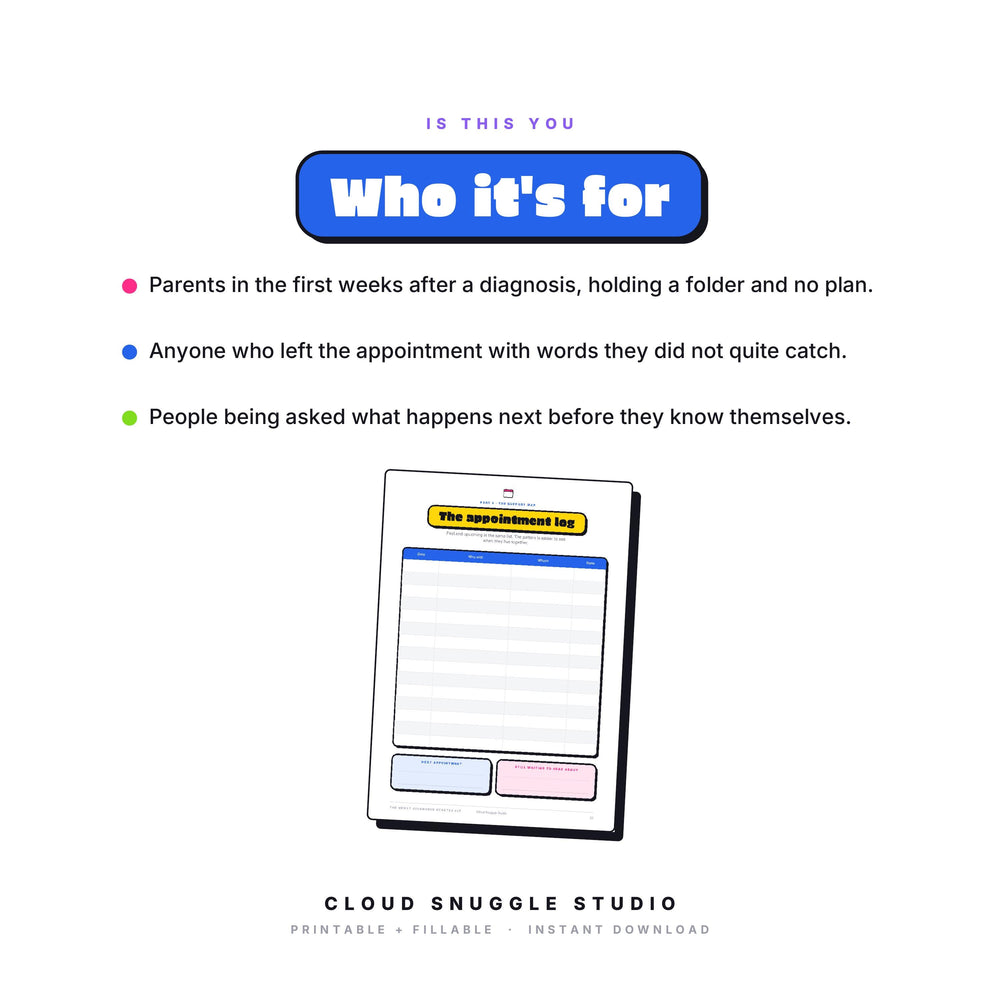 Who The Newly Diagnosed Starter Kit is for: Parents in the first weeks after a diagnosis, holding a folder and no plan. A newly diagnosed starter kit printable for parents made for the first weeks after a diagnosis.