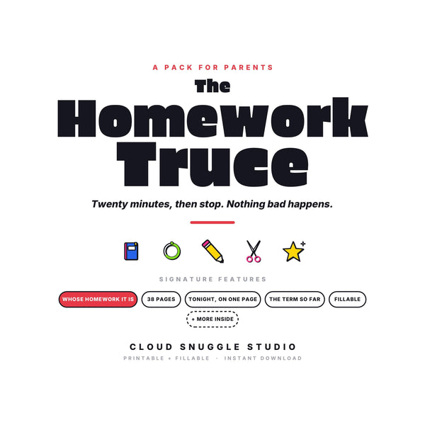 The Homework Truce, a homework help printable for parents from Cloud Snuggle Studio. 38 pages, 15 of them to write on. Printable and fillable PDF, A4 and US Letter, color and ink friendly. Instant digital download.
