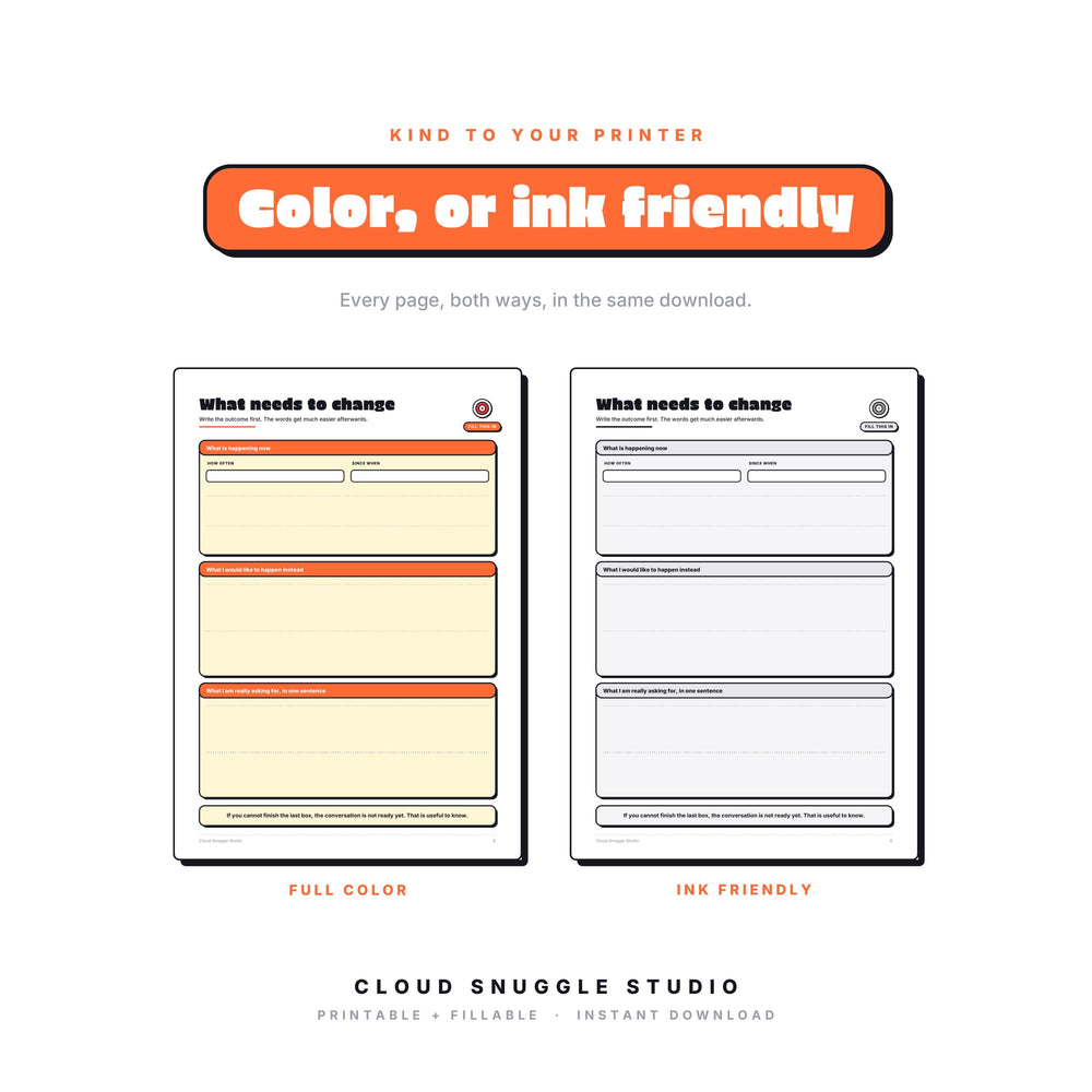 One page of Talking to the Teacher in full color and in ink friendly gray, both included. A printable and fillable PDF from Cloud Snuggle Studio.