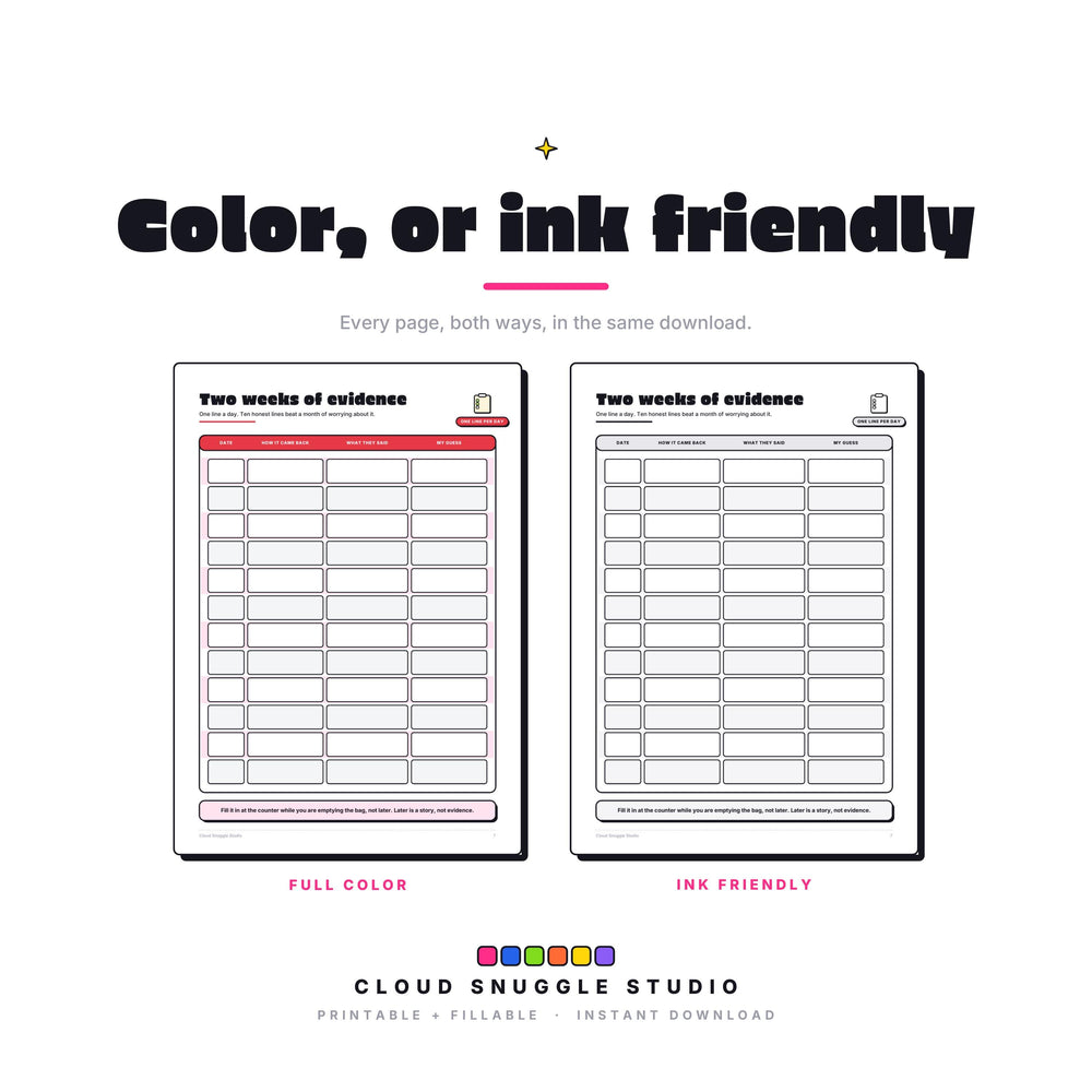 One page of The Lunchbox Pack in full color and in ink friendly gray, both included. A printable and fillable PDF from Cloud Snuggle Studio.