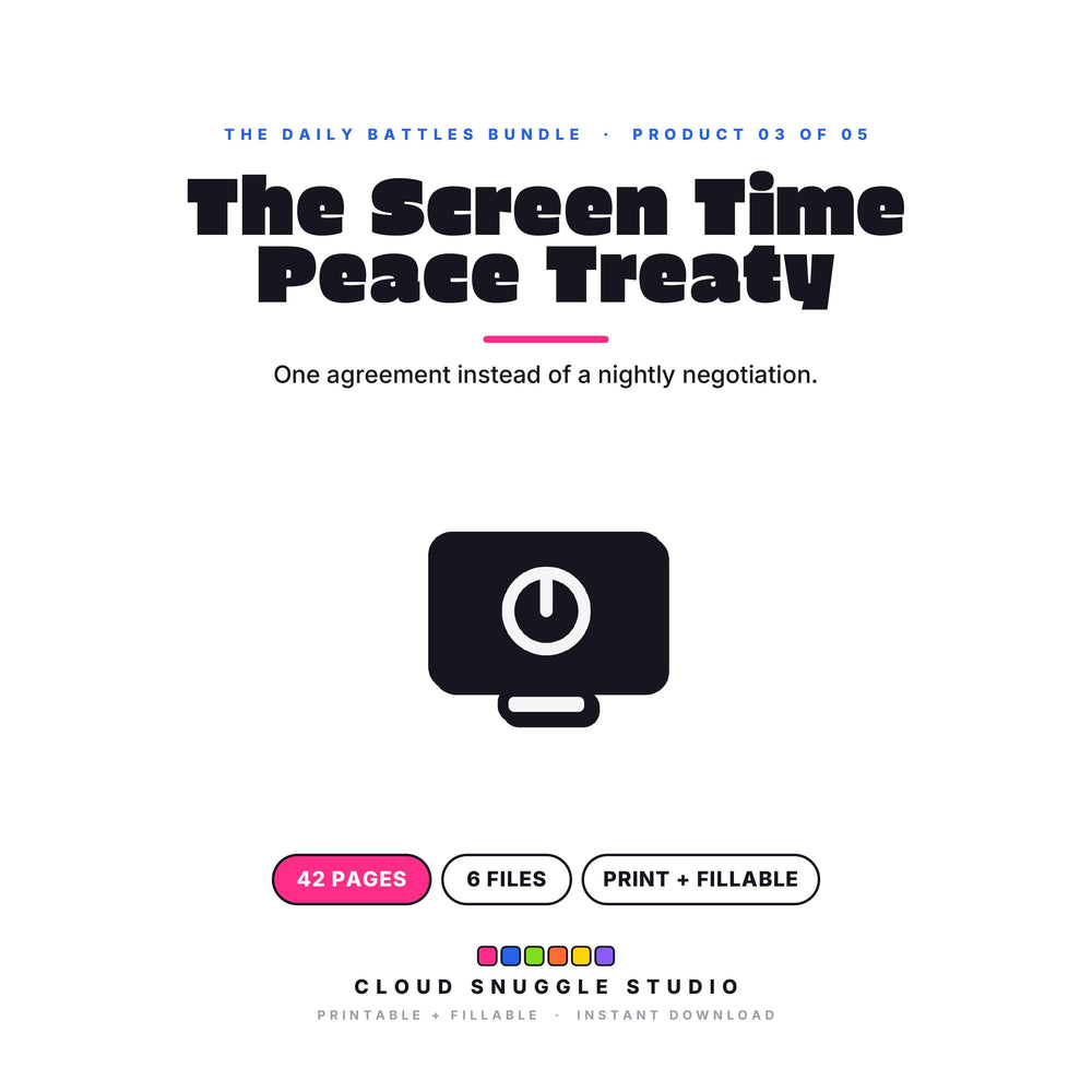 The Screen Time Peace Treaty, one of the 5 planners in The Daily Battles Bundle. A printable and fillable planner bundle from Cloud Snuggle Studio.