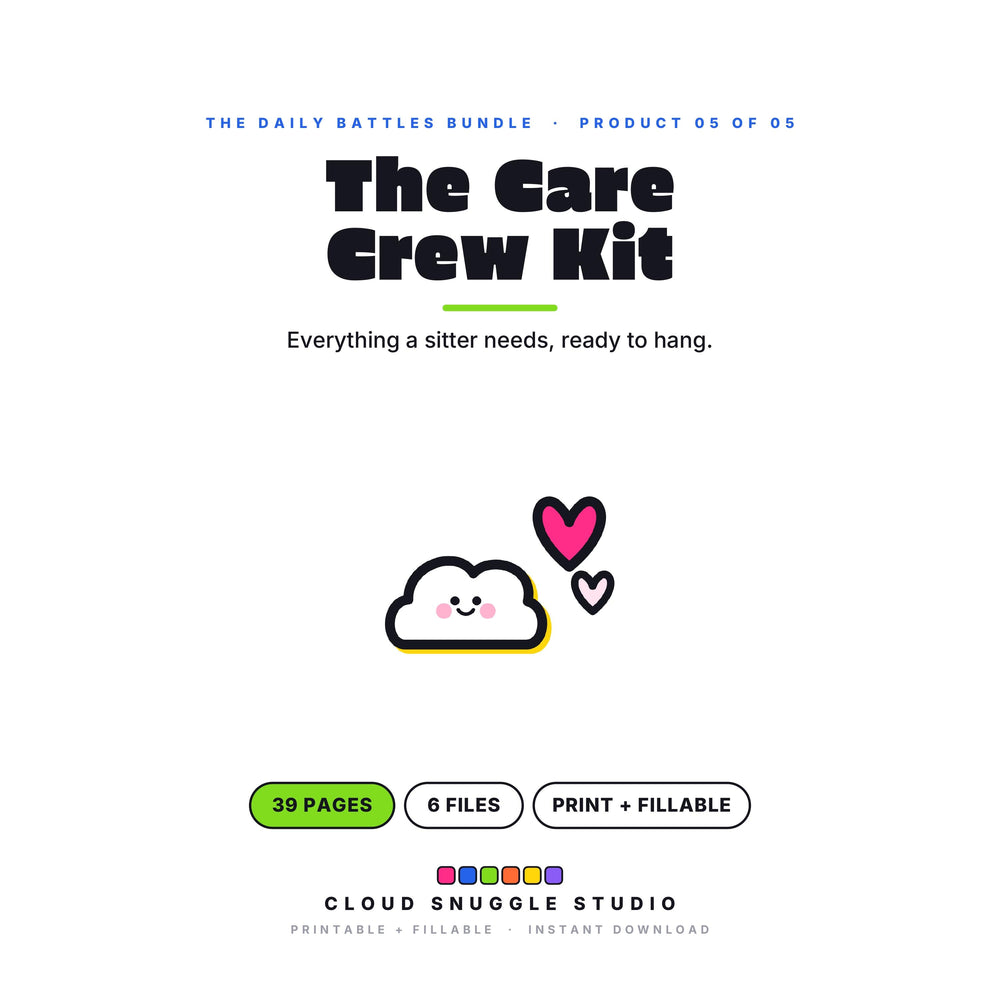 The Care Crew Kit, one of the 5 planners in The Daily Battles Bundle. A printable and fillable planner bundle from Cloud Snuggle Studio.