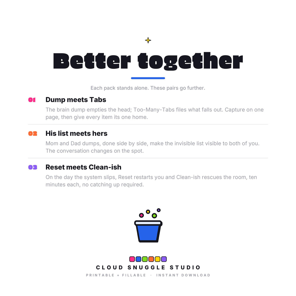 Why the planners in For the Parent, Not the Child work better together. A printable and fillable planner bundle from Cloud Snuggle Studio.