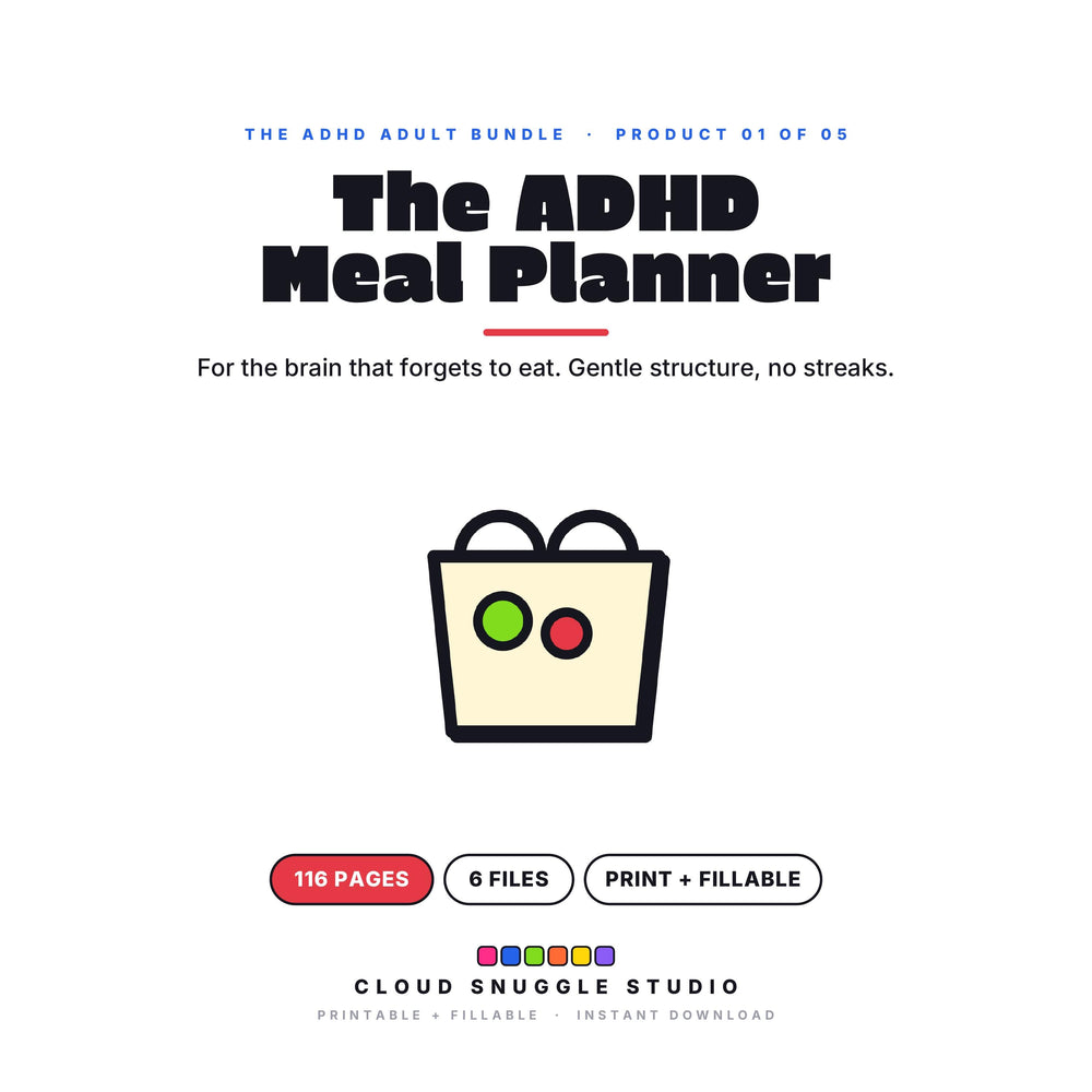 The ADHD Meal Planner, one of the 5 planners in The ADHD Adult Bundle. A printable and fillable planner bundle from Cloud Snuggle Studio.
