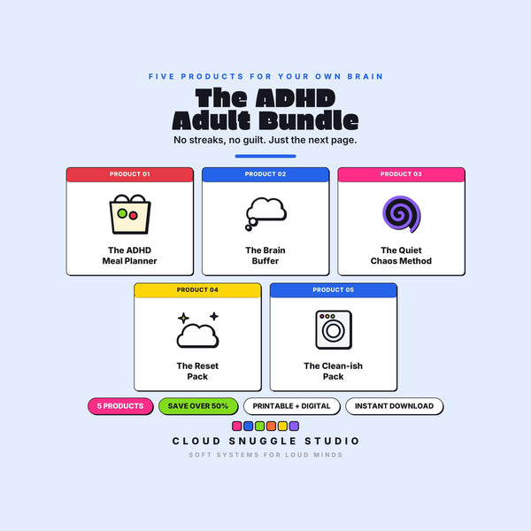 Cover of The ADHD Adult Bundle, 5 systems for your own brain. A printable and fillable planner bundle from Cloud Snuggle Studio.
