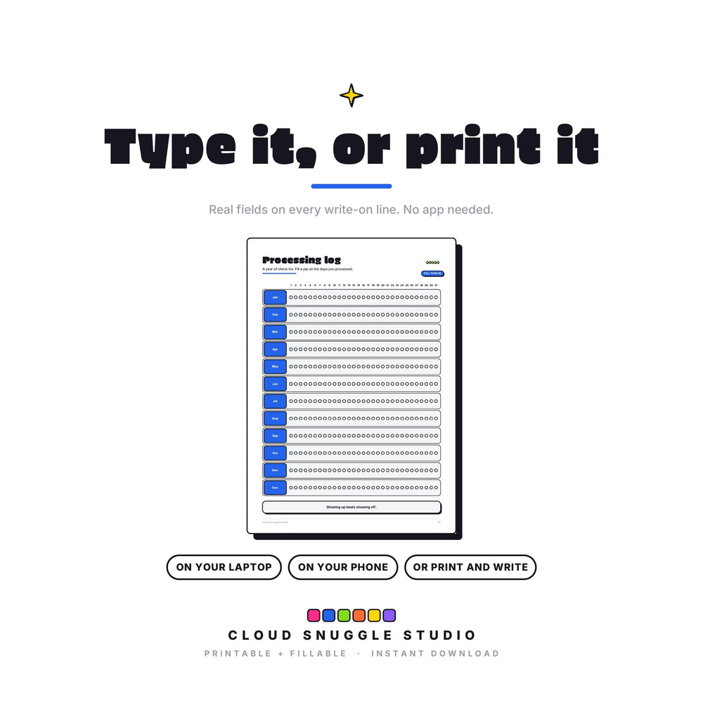 The Brain Buffer as a fillable PDF: type onto every write-on line on a laptop, phone or tablet, or print it and write by hand. An ADHD brain dump planner printable with real form fields, no app needed.
