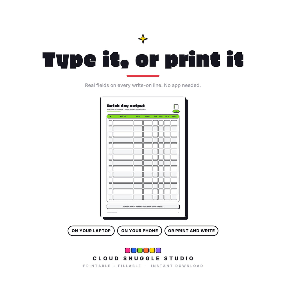 The Post & Park Planner as a fillable PDF: type onto every write-on line on a laptop, phone or tablet, or print it and write by hand. A content planner printable for creators with real form fields, no app needed.