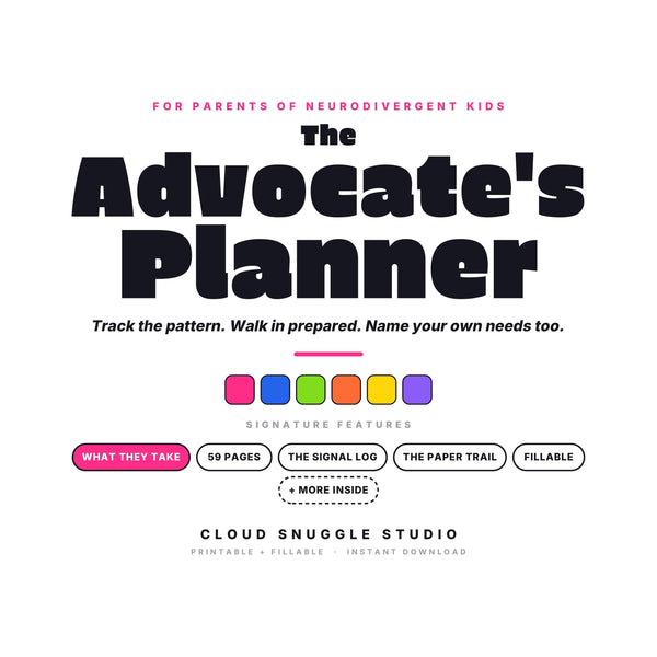 The Advocate's Planner, an IEP advocacy planner for parents from Cloud Snuggle Studio. 59 pages, 32 of them to write on. Printable and fillable PDF, A4 and US Letter, color and ink friendly. Instant digital download.
