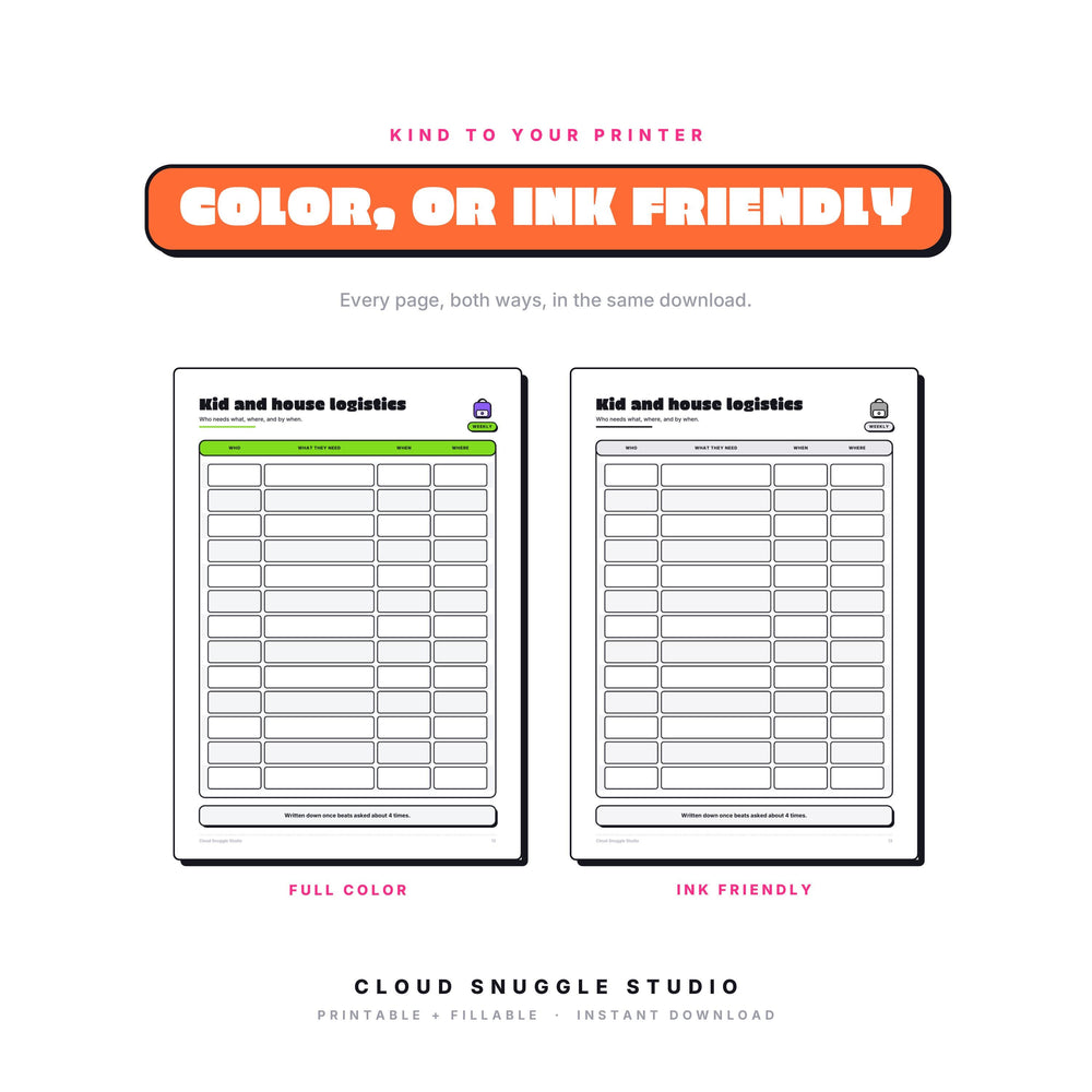 One page of Mom Brain Dump shown twice, in full color and in ink friendly gray. Every page of this mom brain dump printable for the mental load comes both ways, so you print whatever your cartridge can spare.