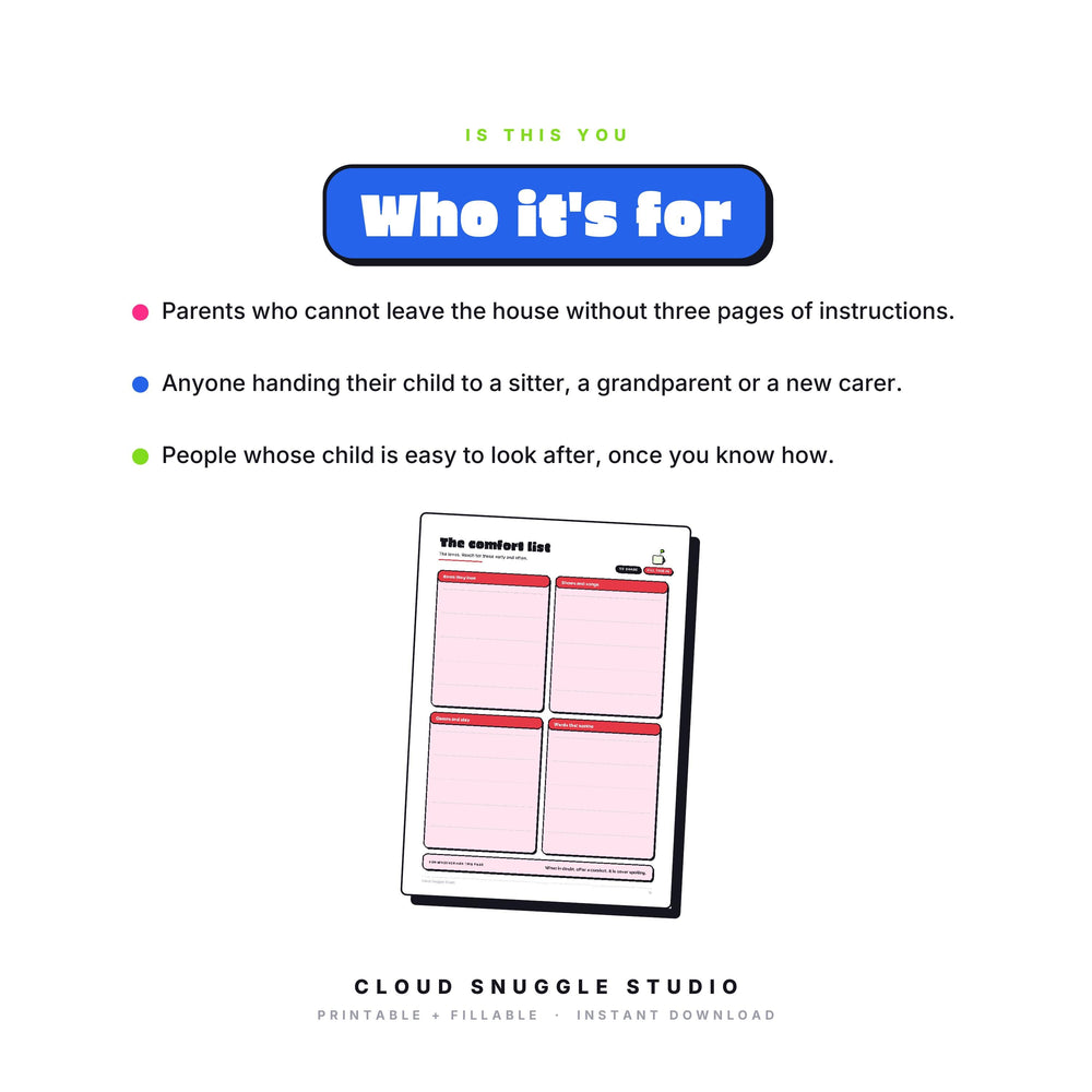 Who The Care Crew Kit is for: Parents who cannot leave the house without three pages of instructions. A babysitter and caregiver info kit printable made for sitters, grandparents and new caregivers.