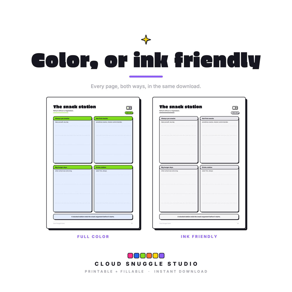 One page of The Launch Pad Pack shown twice, in full color and in ink friendly gray. Every page of this morning and bedtime routine pack printable comes both ways, so you print whatever your cartridge can spare.