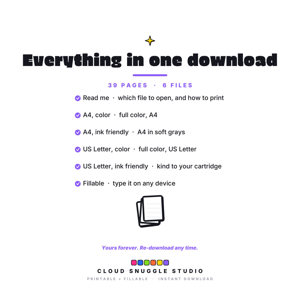 Everything in the Launch Pad Pack download, 6 files: read me, A4 color, A4 ink friendly, US Letter color, US Letter ink friendly, and a fillable PDF. A morning and bedtime routine pack printable, yours forever and re-downloadable any time.