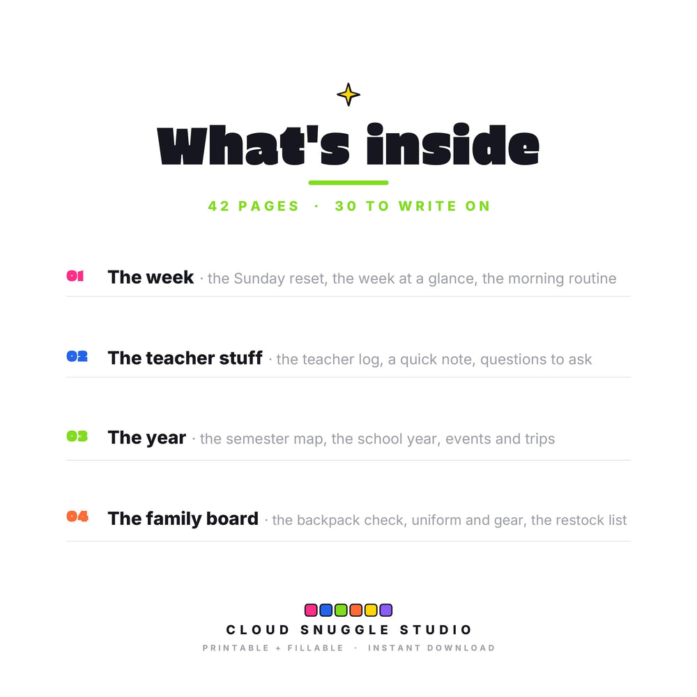 Inside The School Stuff Pack: The week, The teacher stuff, The year, The family board. A school organization pack printable for parents with 42 pages, 30 of them to write on. Instant digital download, no physical item.