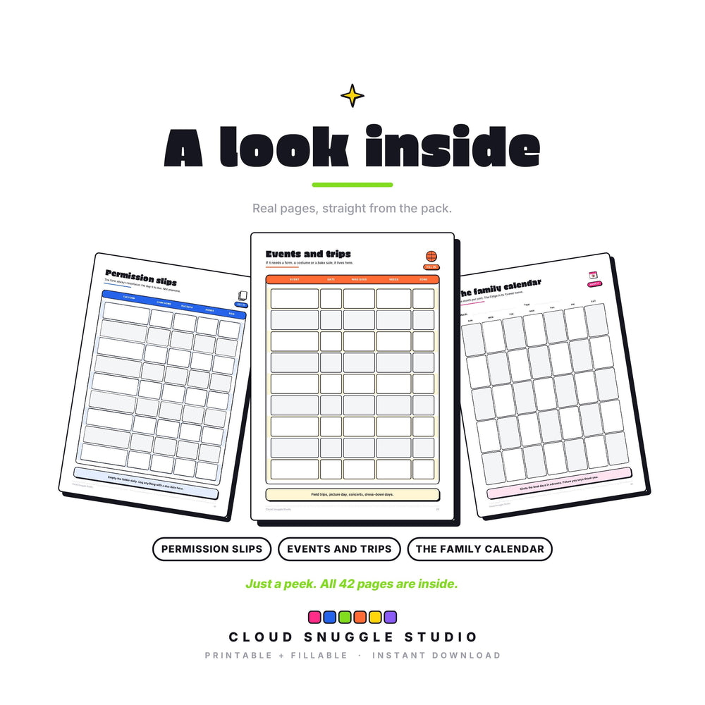 Three real pages from The School Stuff Pack: Permission slips, Events and trips, The family calendar. A school organization pack printable for parents, shown full size so you can see the layout before you buy.