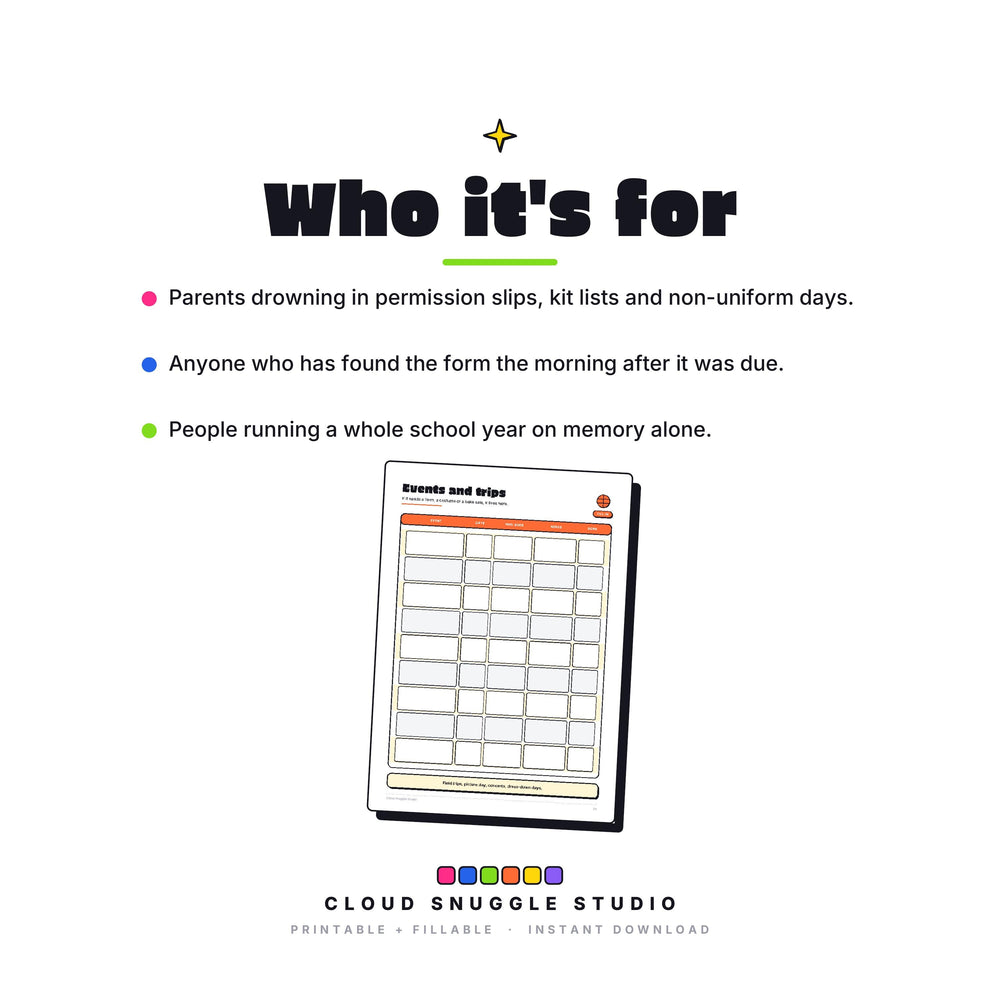 Who The School Stuff Pack is for: Parents drowning in permission slips, kit lists and non-uniform days. A school organization pack printable for parents made for the school paperwork nobody enjoys.