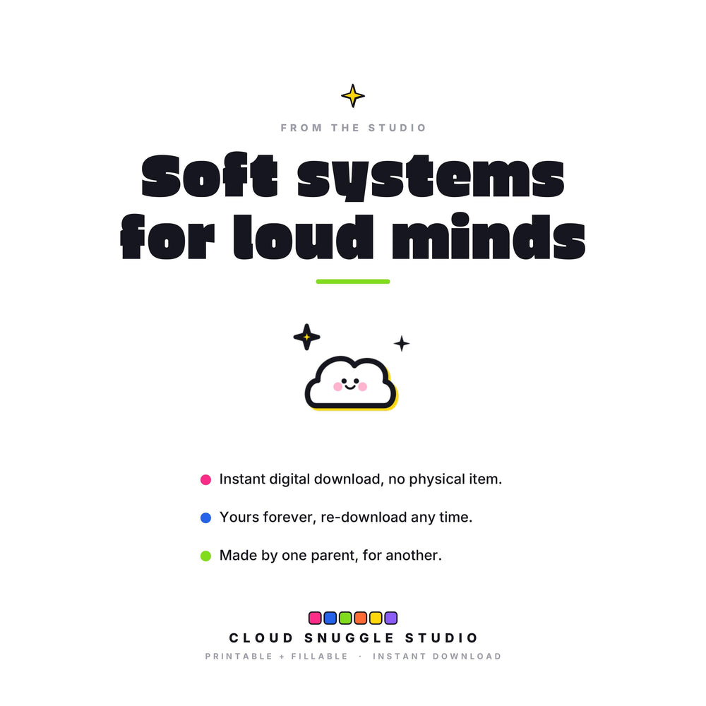 Soft systems for loud minds, the promise behind The School Stuff Pack. A school organization pack printable for parents, instant digital download with no physical item, yours forever and re-downloadable any time.