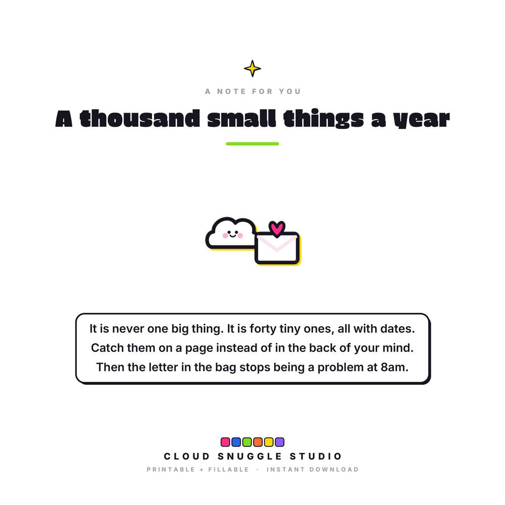 A closing note from Cloud Snuggle Studio about The School Stuff Pack. Written for the school paperwork nobody enjoys. A school organization pack printable for parents, instant digital download.