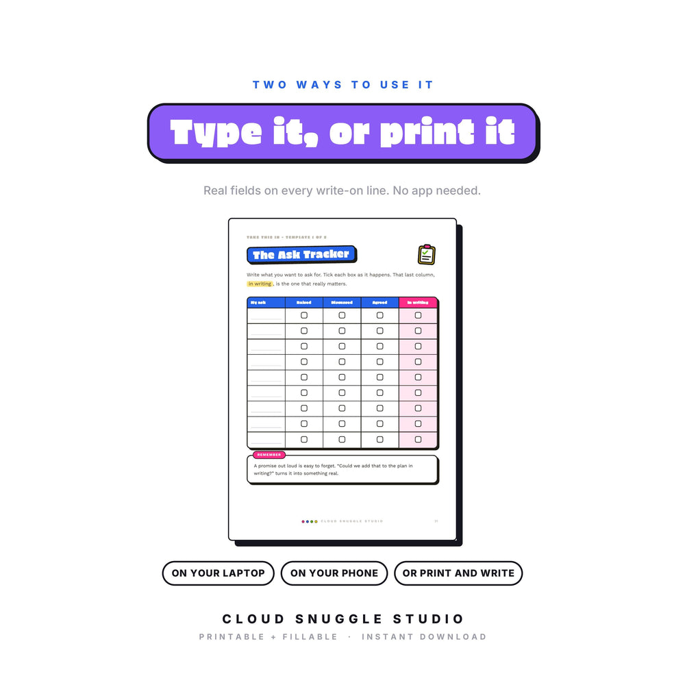 The IEP & 504 Meeting Guide as a fillable PDF: type onto every write-on line on a laptop, phone or tablet, or print it and write by hand. An IEP and 504 meeting guide printable with real form fields, no app needed.
