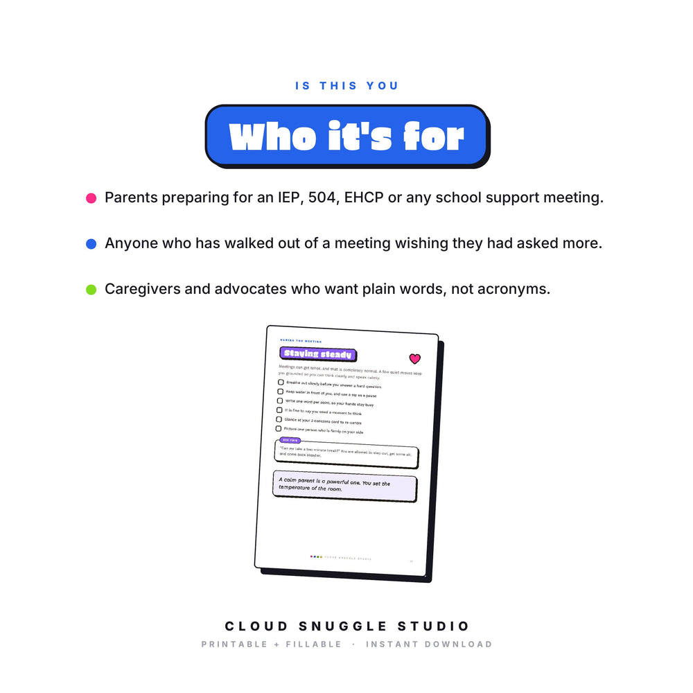 Who The IEP & 504 Meeting Guide is for: Parents preparing for an IEP, 504, EHCP or any school support meeting. An IEP and 504 meeting guide printable made for parents heading into a school meeting.
