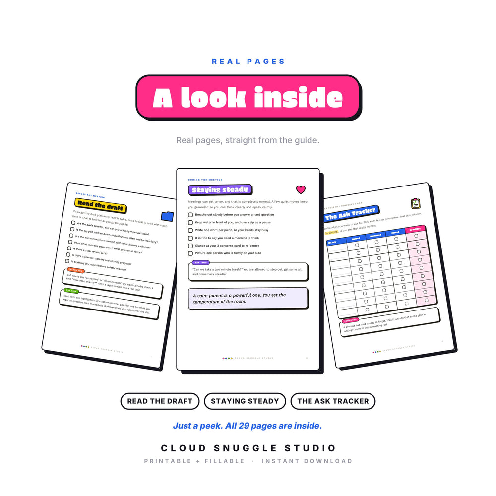 Three real pages from The IEP & 504 Meeting Guide: Read the draft, Staying steady, The Ask Tracker. An IEP and 504 meeting guide printable, shown full size so you can see the layout before you buy.