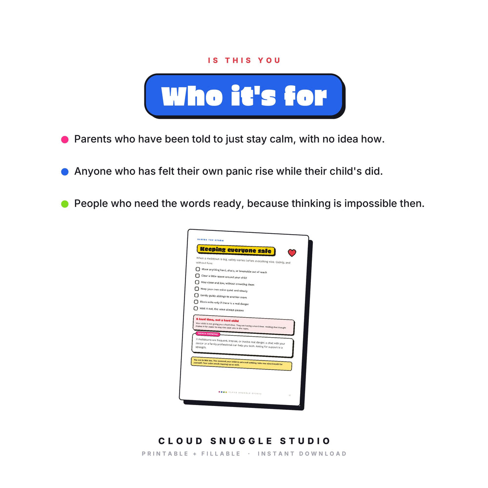 Who The Meltdown Decoder is for: Parents who have been told to just stay calm, with no idea how. A meltdown guide printable for parents made for parents in the middle of a meltdown.