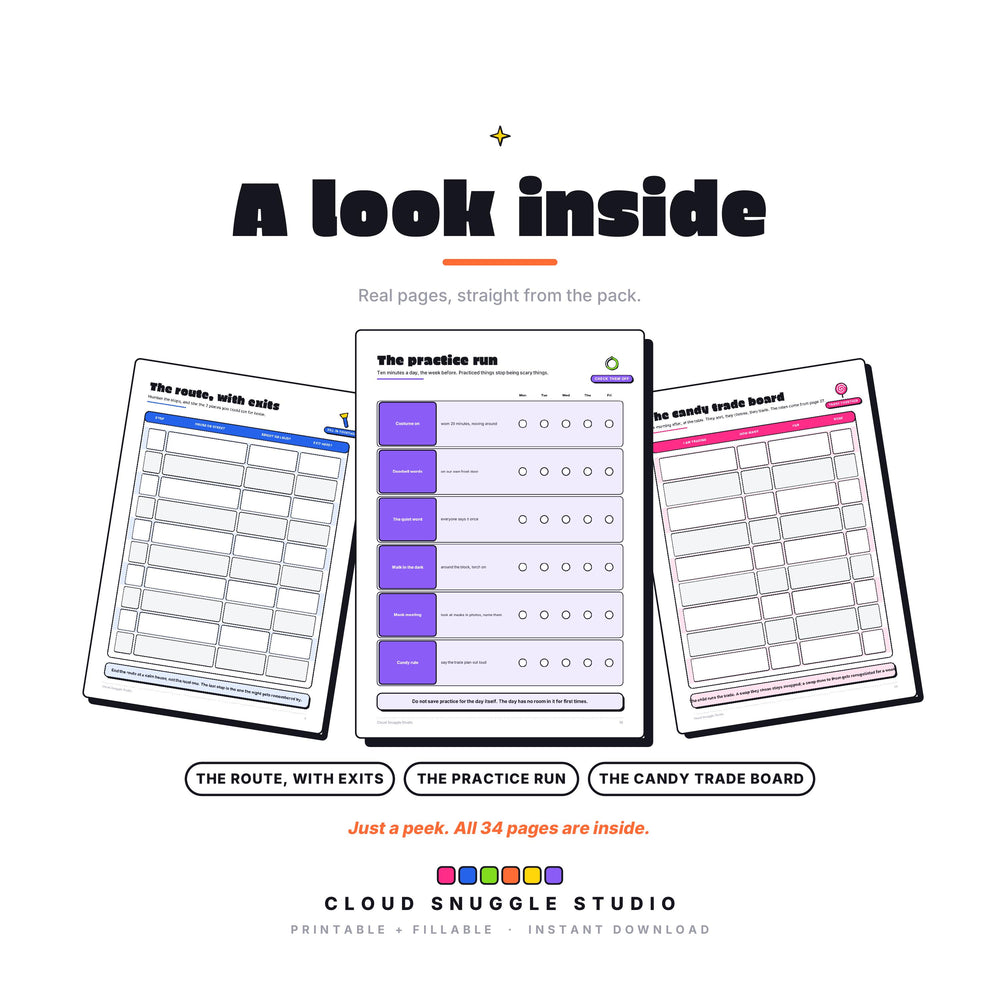 A look inside The Halloween Game Plan, real pages shown full size. A printable and fillable PDF from Cloud Snuggle Studio.