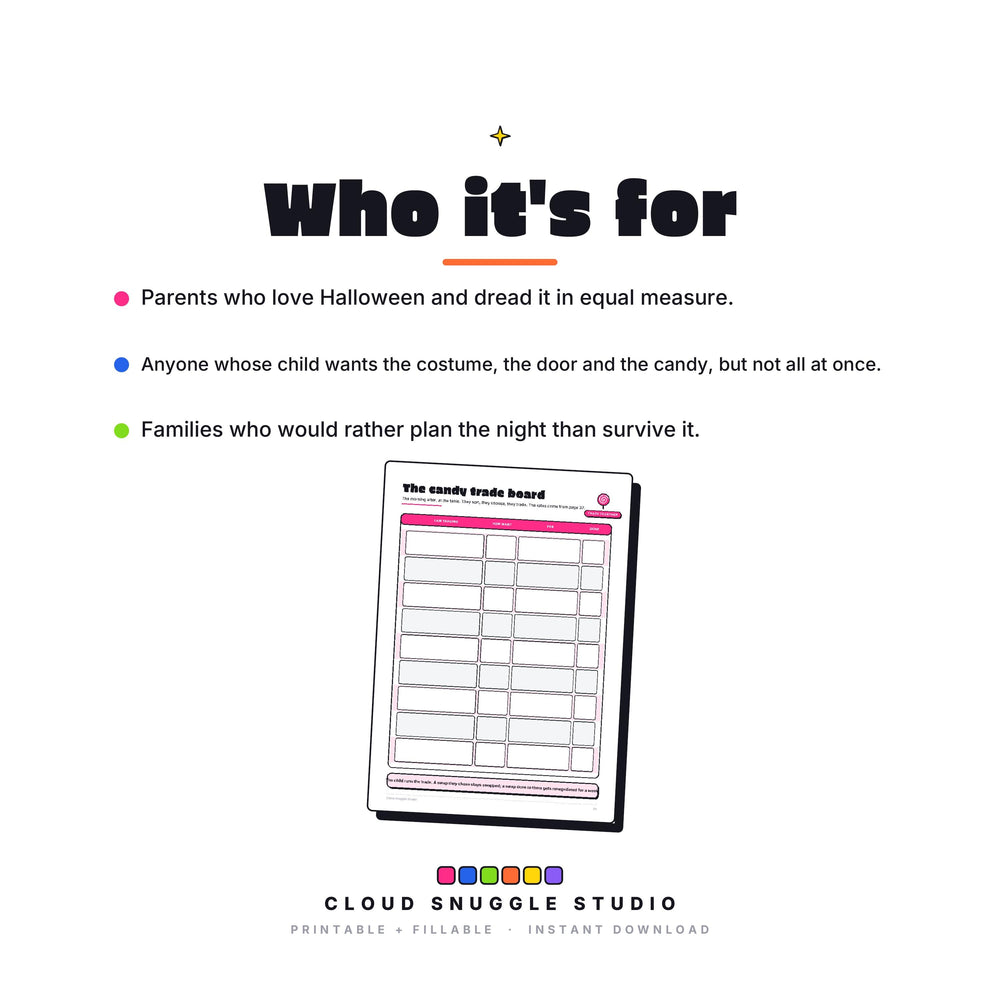 Who The Halloween Game Plan is for. A printable and fillable PDF from Cloud Snuggle Studio.