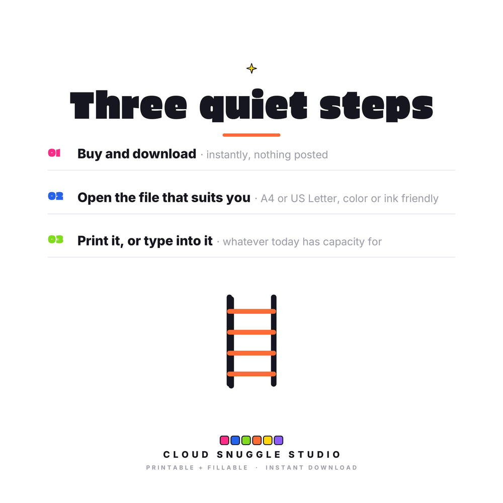 How to start The Halloween Game Plan in three quiet steps, buy it, download it, then print it or type into it. A printable and fillable PDF from Cloud Snuggle Studio.