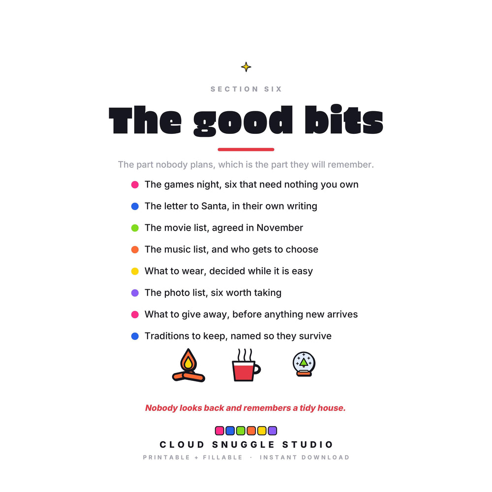 Section six of The Holidays Truce, the good bits: the games night, a letter to Santa, the movie list, the music list, what to wear, the photo list, what to give away and traditions to keep.