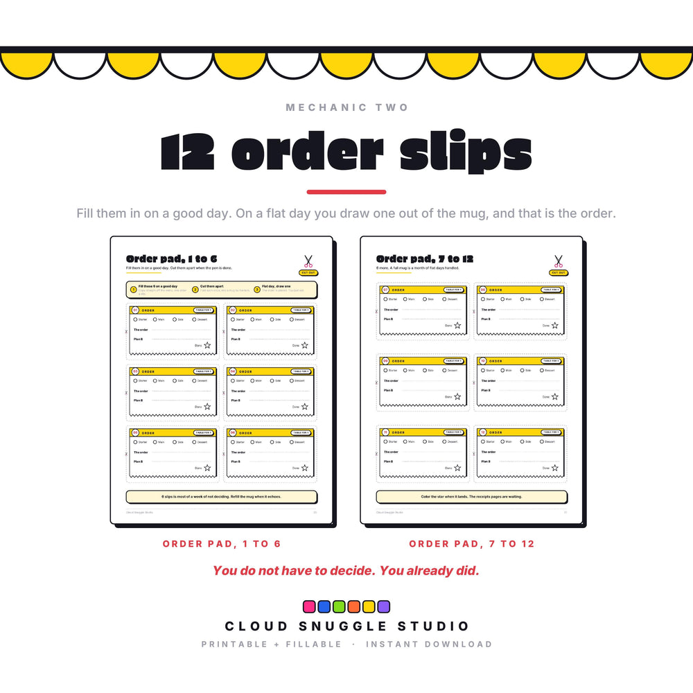 The 12 order slips inside the Dopamine Menu, on two order pads. You fill them in on a good day, fold them into a mug, and on a flat day you draw one out. That is the order, and you do not have to decide.