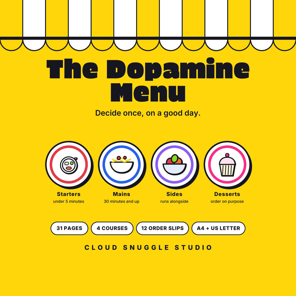 The Dopamine Menu, a dopamine menu printable for ADHD adults from Cloud Snuggle Studio. 31 pages, 4 courses, 12 order slips and a menu tent that stands on your desk. Printable and fillable PDF, A4 and US Letter, color and ink friendly.