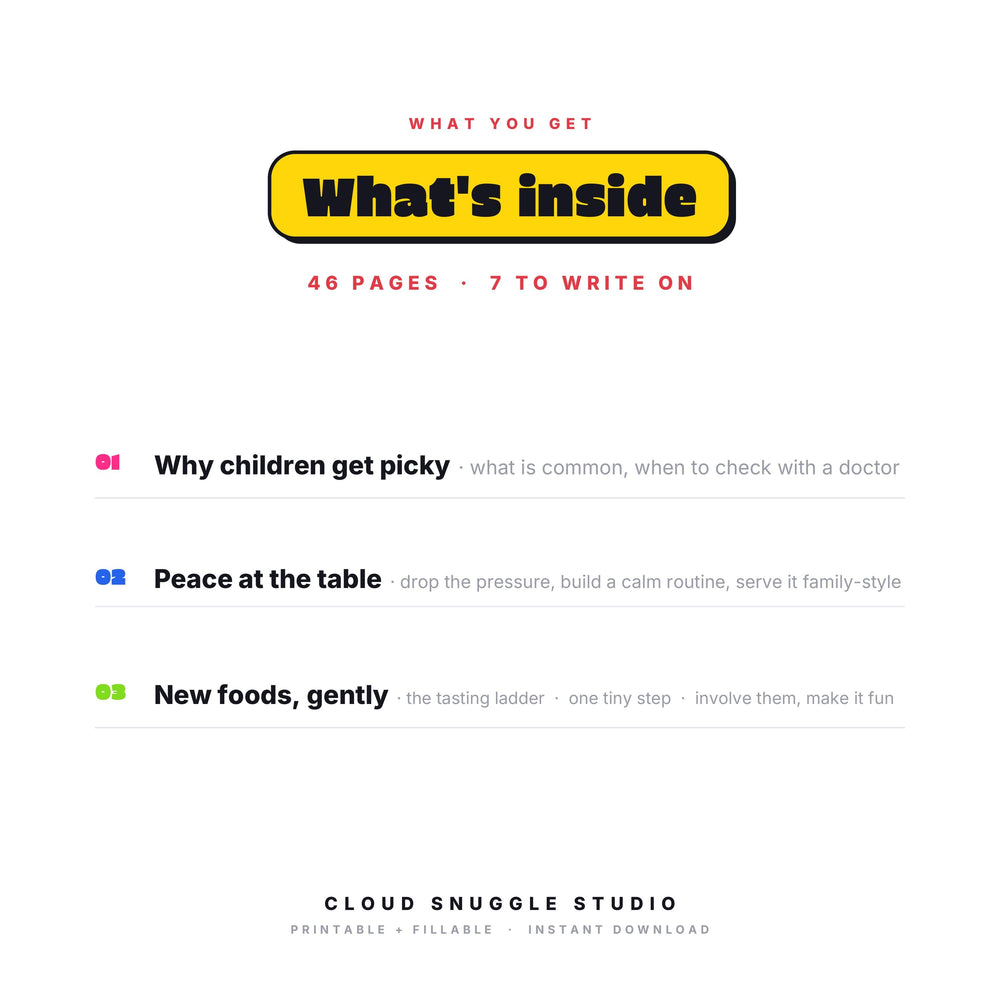 Inside The Table Truce: Why children get picky, Peace at the table, New foods, gently. A picky eater guide printable for parents with 46 pages, 7 of them to write on. Instant digital download, no physical item.