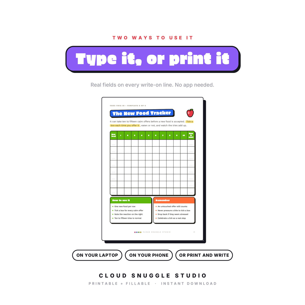 The Table Truce as a fillable PDF: type onto every write-on line on a laptop, phone or tablet, or print it and write by hand. A picky eater guide printable for parents with real form fields, no app needed.