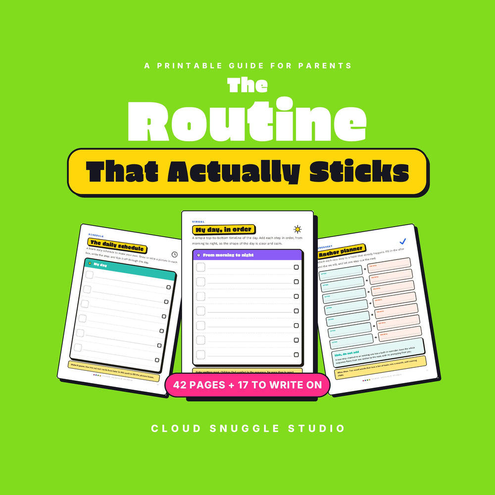 The Routine That Actually Sticks, a visual routine printable for kids from Cloud Snuggle Studio. 42 pages, 17 of them to write on. Printable and fillable PDF, A4 and US Letter, color and ink friendly. Instant digital download.