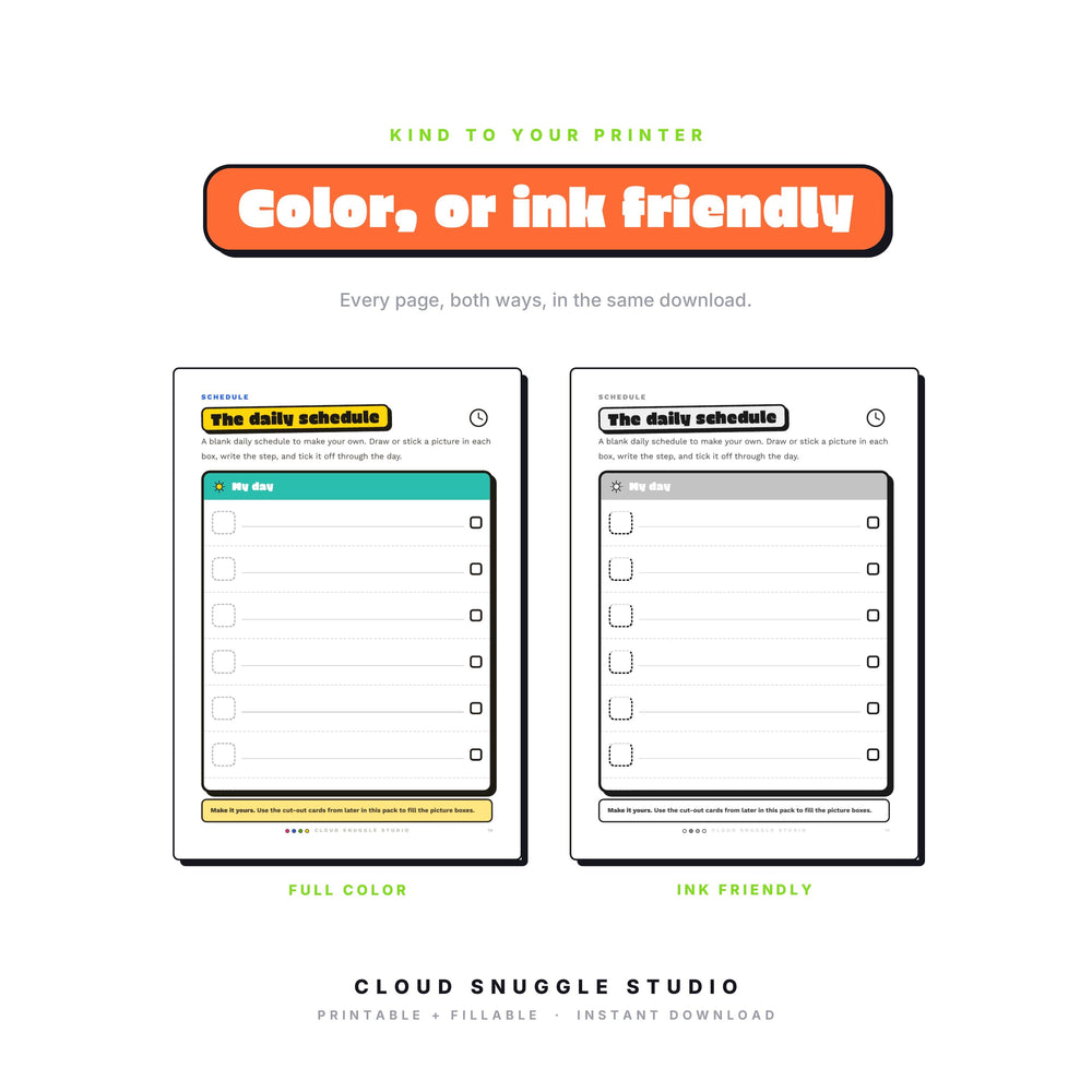 One page of The Routine That Actually Sticks shown twice, in full color and in ink friendly gray. Every page of this visual routine printable for kids comes both ways, so you print whatever your cartridge can spare.