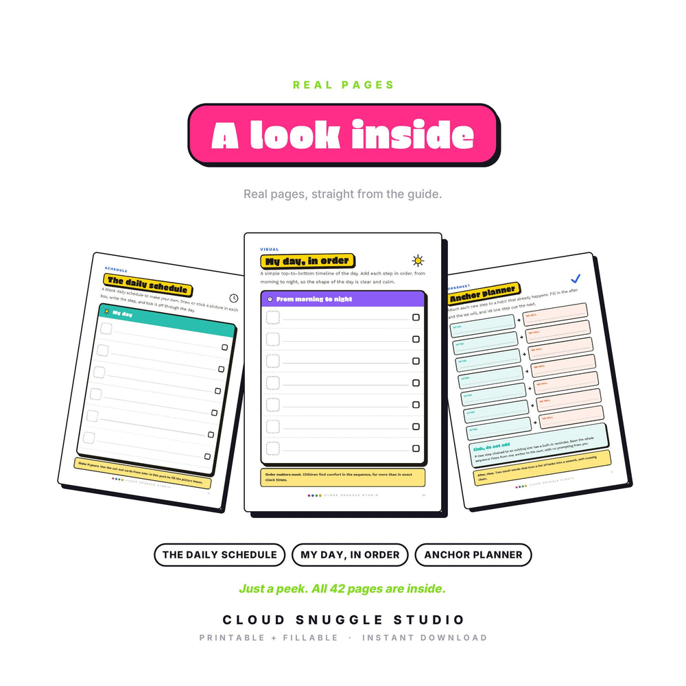 Three real pages from The Routine That Actually Sticks: The daily schedule, My day, in order, Anchor planner. A visual routine printable for kids, shown full size so you can see the layout before you buy.