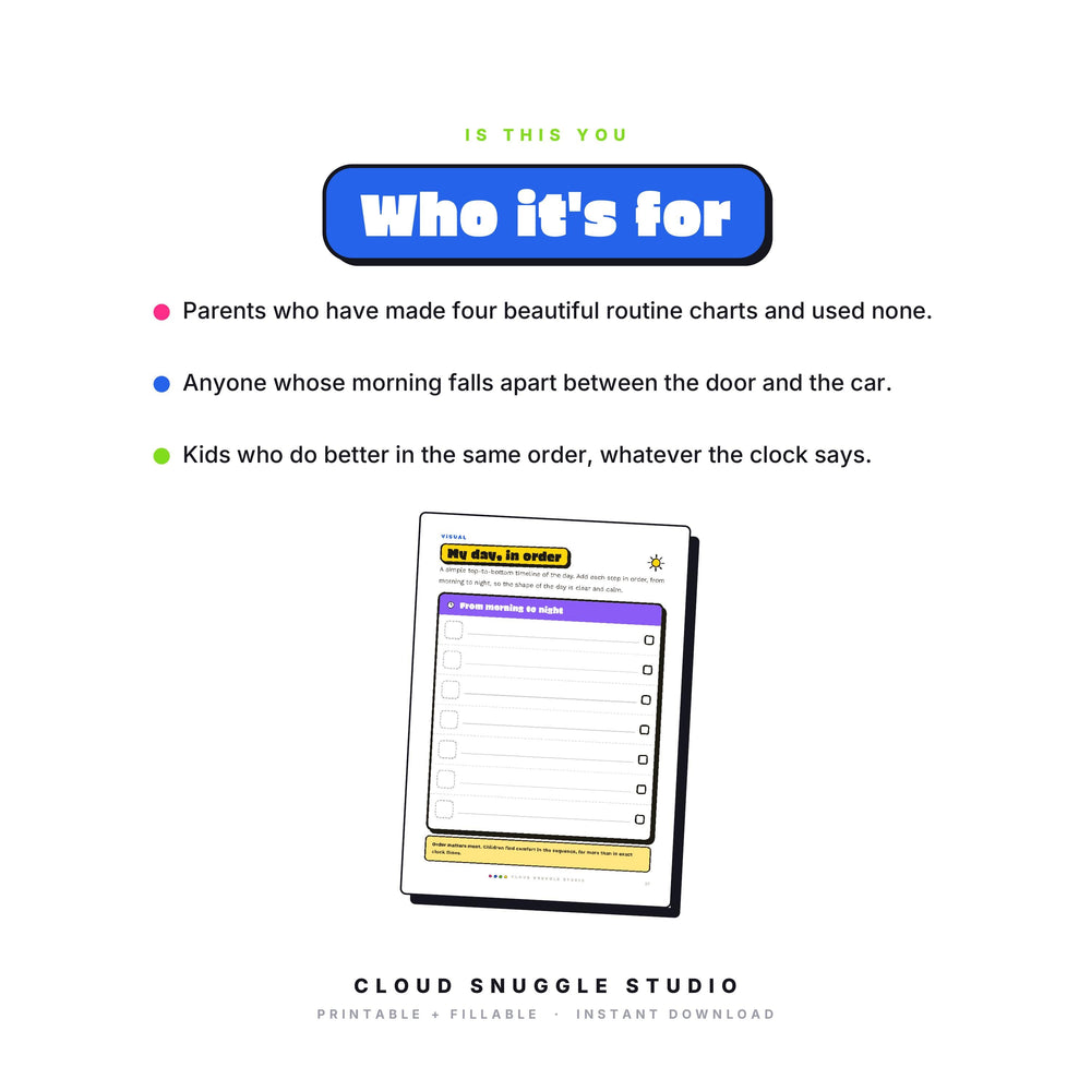 Who The Routine That Actually Sticks is for: Parents who have made four beautiful routine charts and used none. A visual routine printable for kids made for kids who do better in the same order.