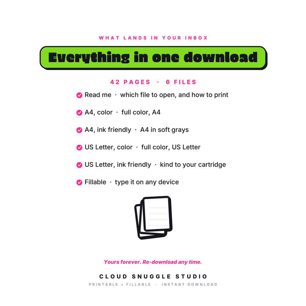Everything in the Screen Time Peace Treaty download, 6 files: read me, A4 color, A4 ink friendly, US Letter color, US Letter ink friendly, and a fillable PDF. A screen time agreement printable for families. Yours forever.