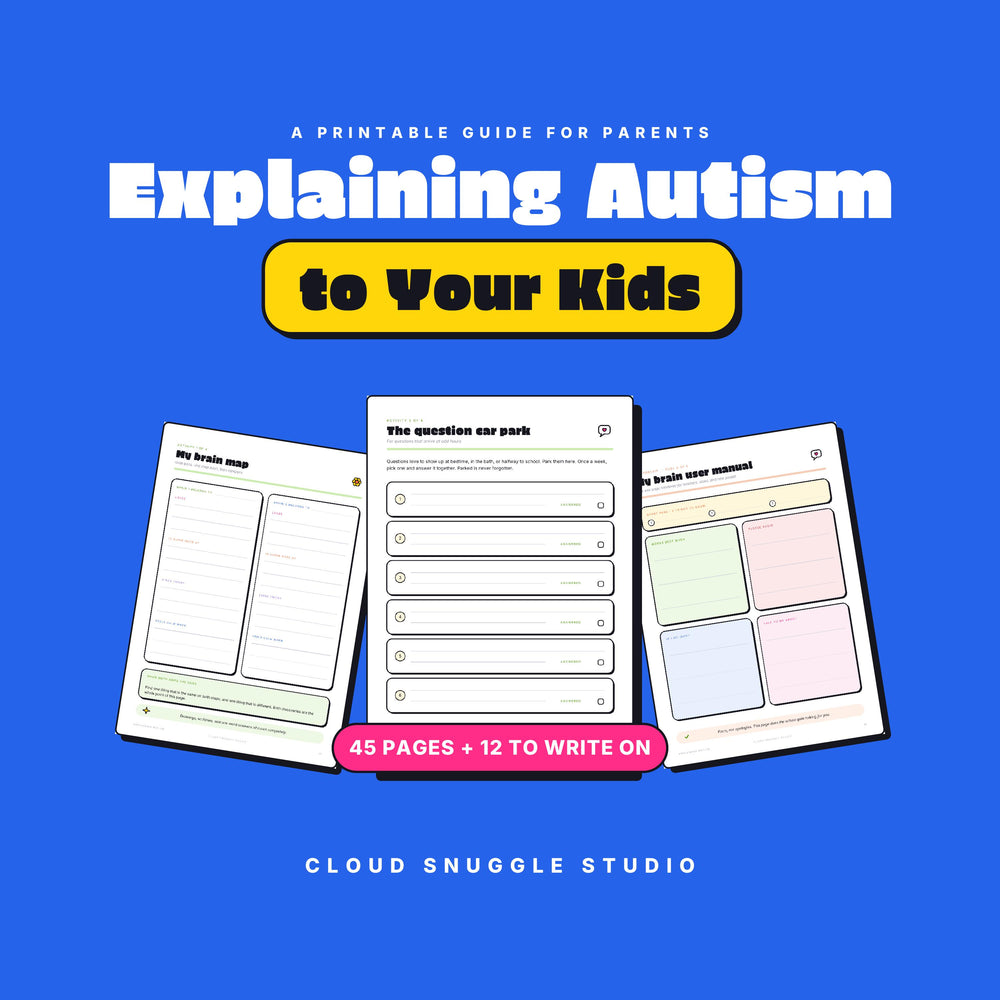 Explaining Autism to Your Kids, an explaining autism to kids printable guide from Cloud Snuggle Studio. 45 pages, 12 of them to write on. Printable and fillable PDF, A4 and US Letter, color and ink friendly. Instant digital download.
