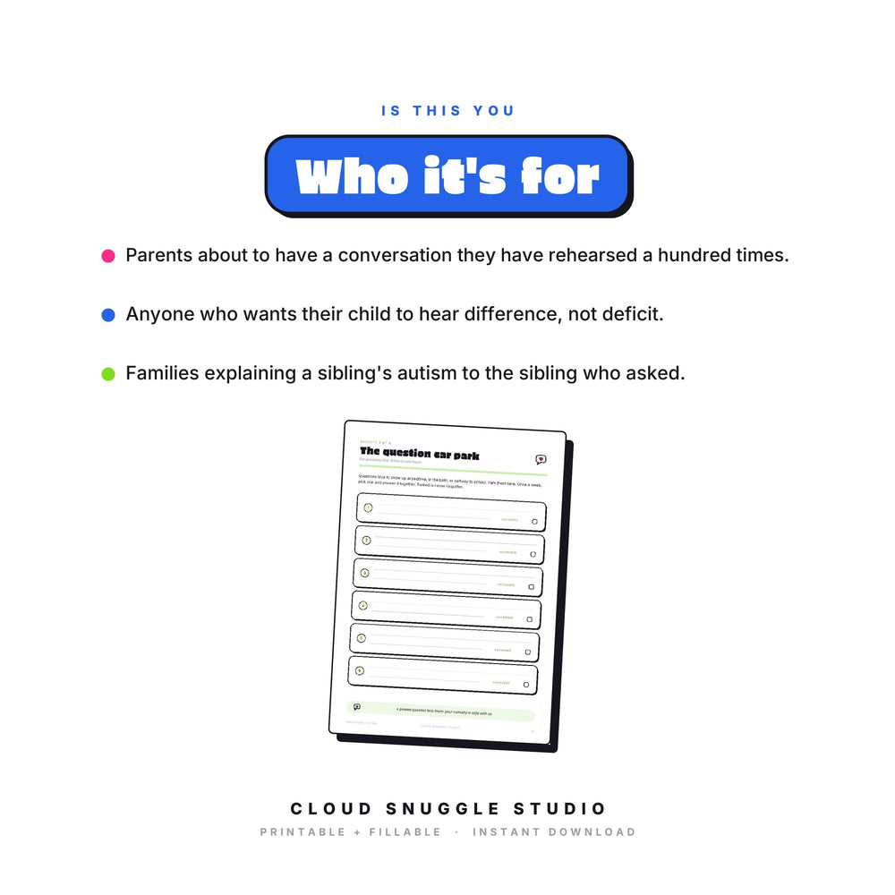 Who Explaining Autism to Your Kids is for: Parents about to have a conversation they have rehearsed a hundred times. An explaining autism to kids printable guide made for a first conversation about autism.