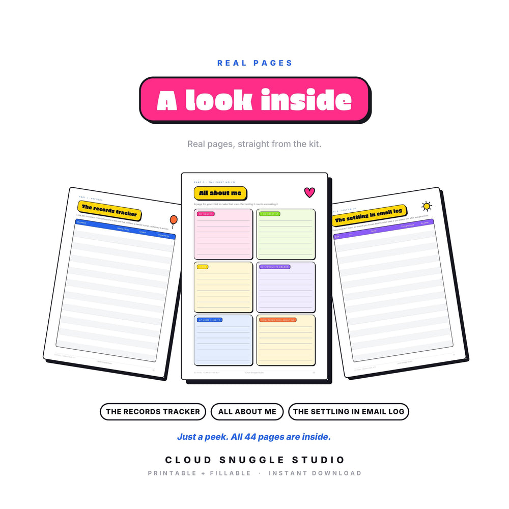 Three real pages from The School Transition Kit: The records tracker, All about me, The settling in email log. A school transition kit printable, shown full size so you can see the layout before you buy.